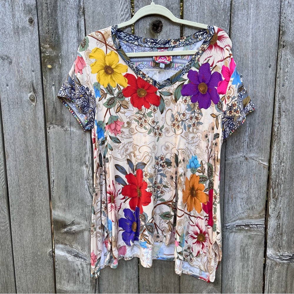 Johnny Was Colorful Floral Short Sleeve Top